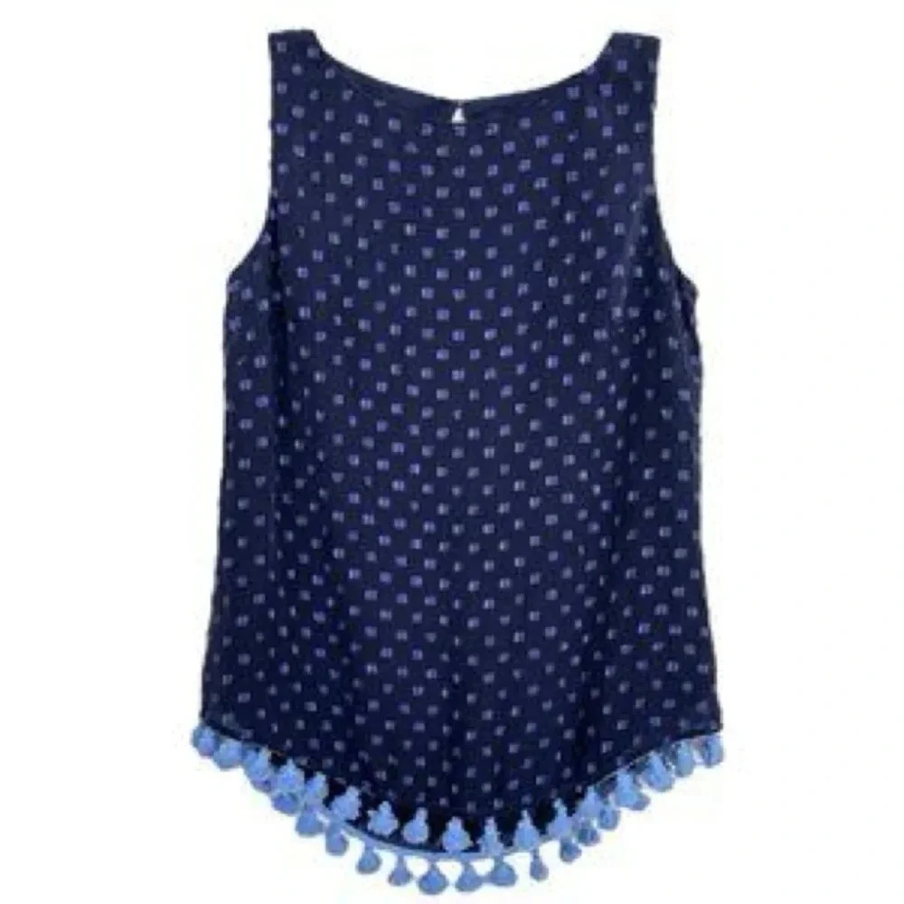 Sail To Sable Coastal Silk Navy Polka Dot Fringe Tank Sleeveless Blouse Size XXS